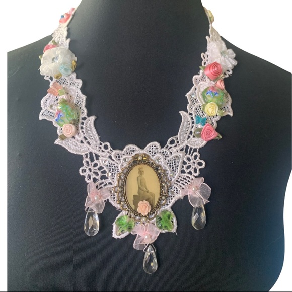 Hand Crafted Jewelry - Bib Necklace flapper image glass hand sewn glass beads satin ribbon flowers